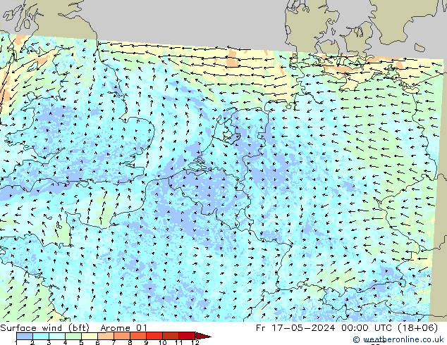 Surface wind (bft) Arome 01 Pá 17.05.2024 00 UTC