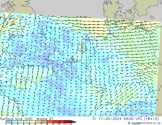 Rüzgar 10 m (bft) Arome 01 Cu 17.05.2024 06 UTC