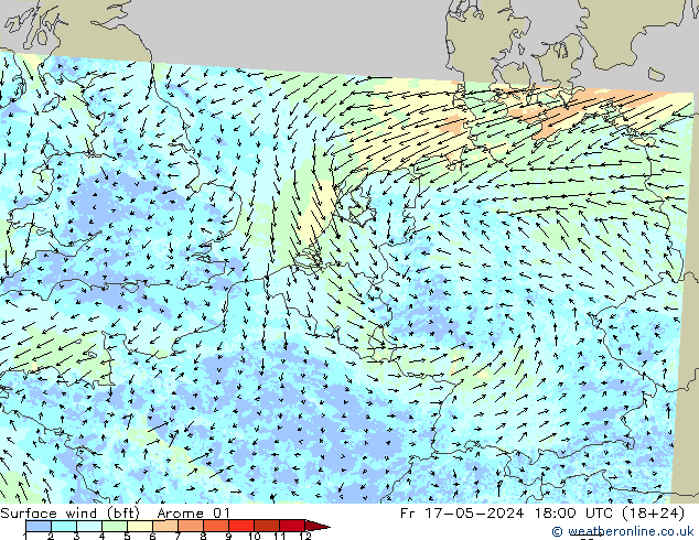 Surface wind (bft) Arome 01 Pá 17.05.2024 18 UTC