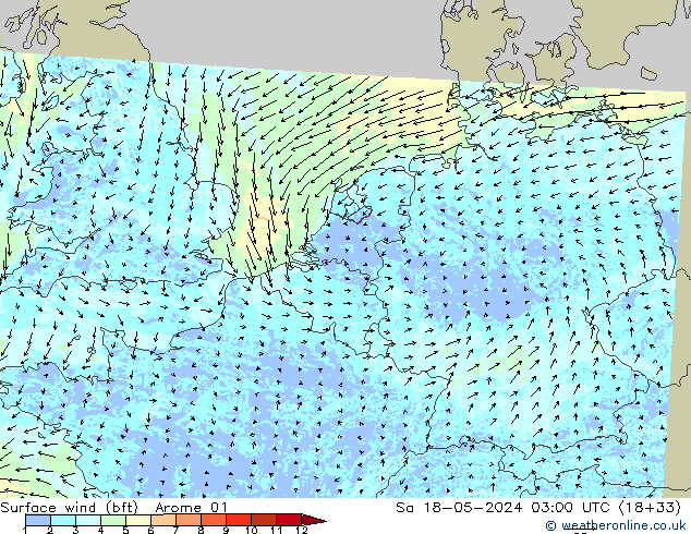 Surface wind (bft) Arome 01 So 18.05.2024 03 UTC
