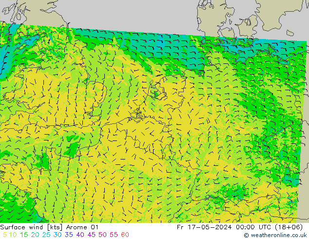 Surface wind Arome 01 Pá 17.05.2024 00 UTC