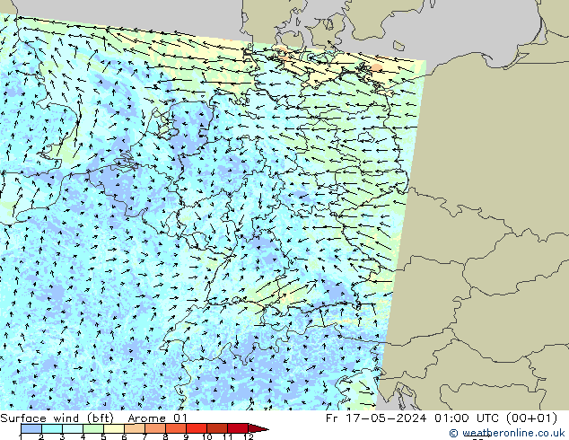 Surface wind (bft) Arome 01 Pá 17.05.2024 01 UTC