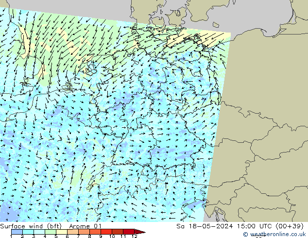 wiatr 10 m (bft) Arome 01 so. 18.05.2024 15 UTC