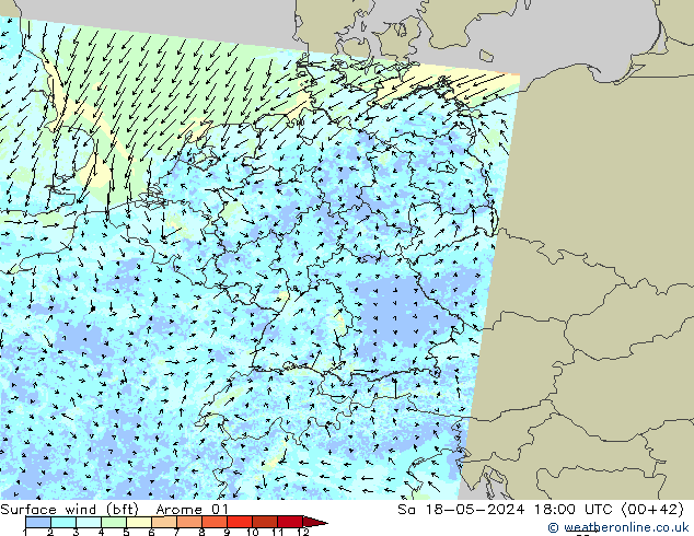 Wind 10 m (bft) Arome 01 za 18.05.2024 18 UTC