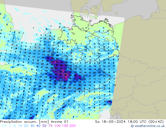 Totale neerslag Arome 01 za 18.05.2024 18 UTC