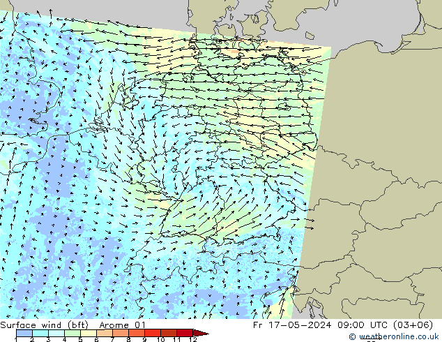 Wind 10 m (bft) Arome 01 vr 17.05.2024 09 UTC