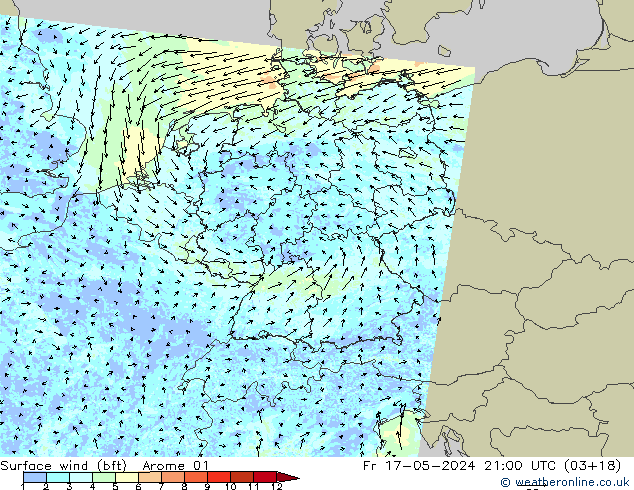 Wind 10 m (bft) Arome 01 vr 17.05.2024 21 UTC