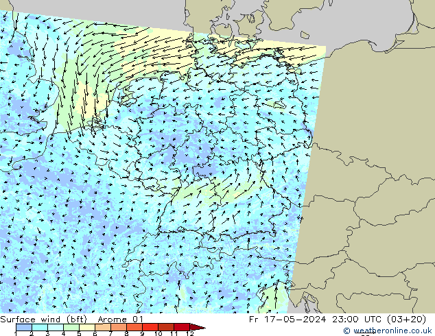 Surface wind (bft) Arome 01 Fr 17.05.2024 23 UTC