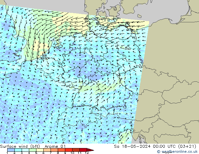 wiatr 10 m (bft) Arome 01 so. 18.05.2024 00 UTC