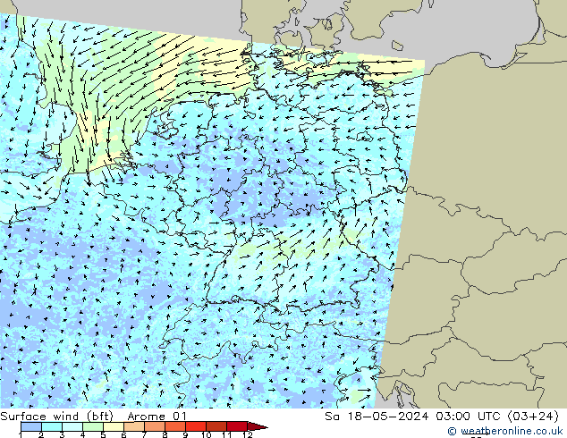 Bodenwind (bft) Arome 01 Sa 18.05.2024 03 UTC