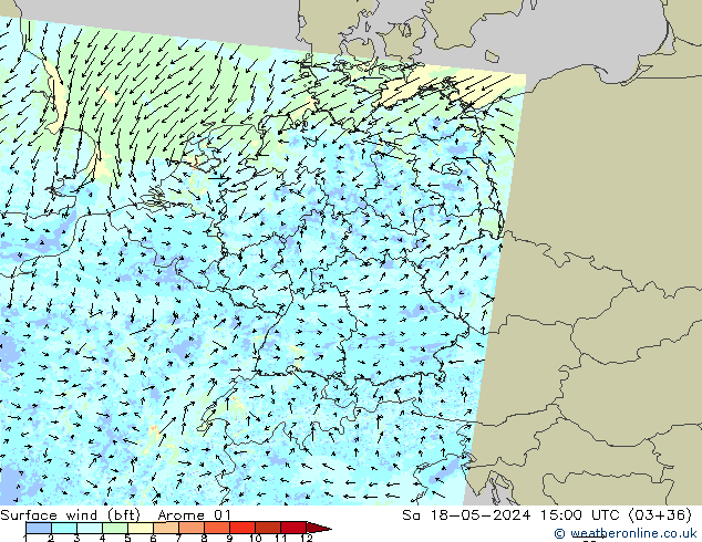 wiatr 10 m (bft) Arome 01 so. 18.05.2024 15 UTC