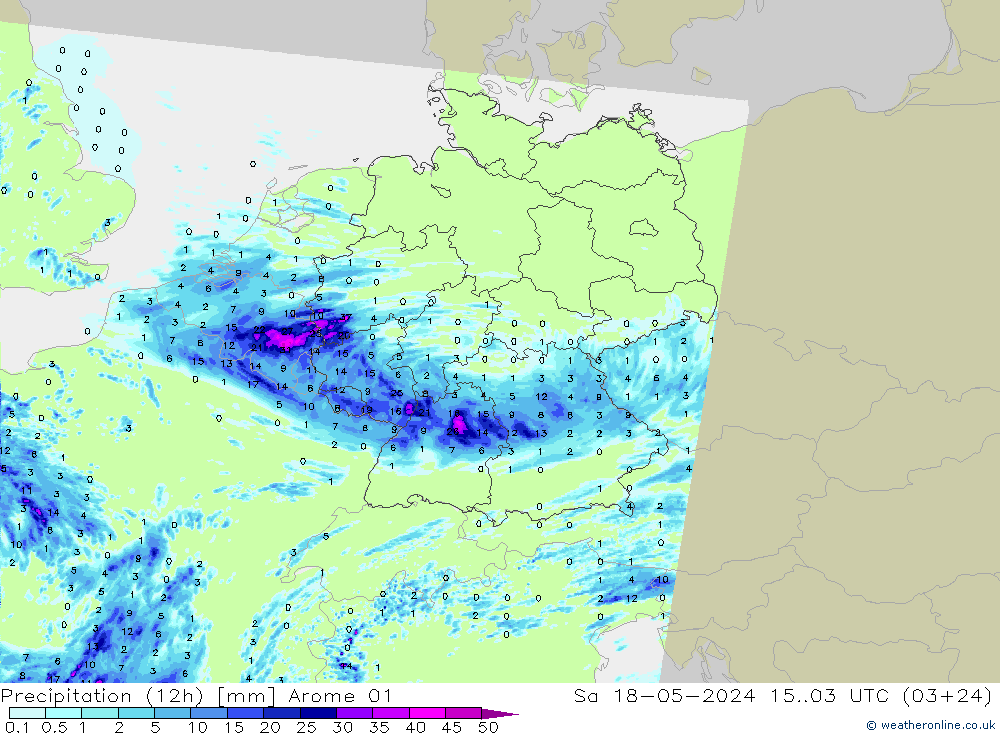 降水量 (12h) Arome 01 星期六 18.05.2024 03 UTC