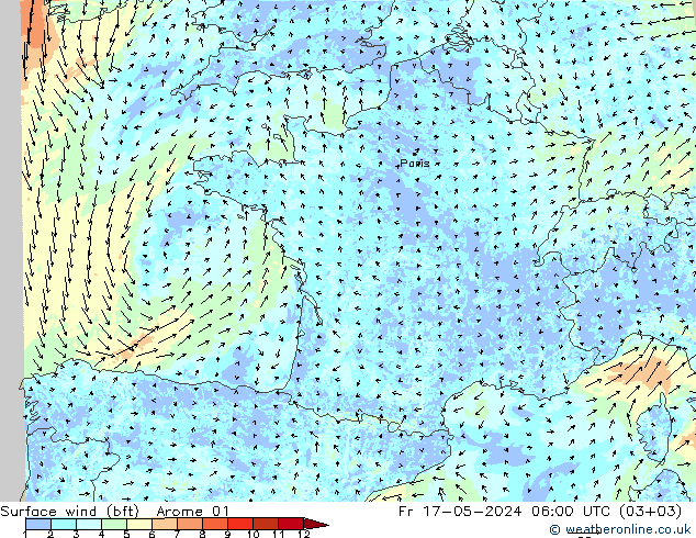 Surface wind (bft) Arome 01 Pá 17.05.2024 06 UTC