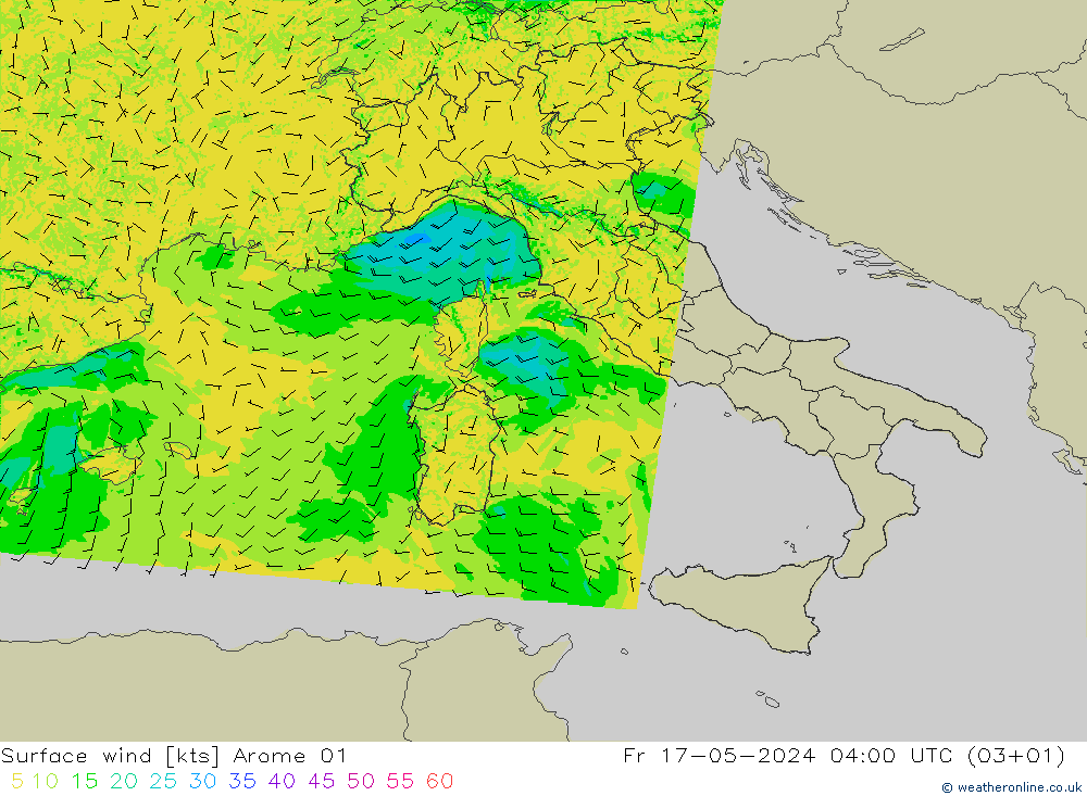 Surface wind Arome 01 Pá 17.05.2024 04 UTC