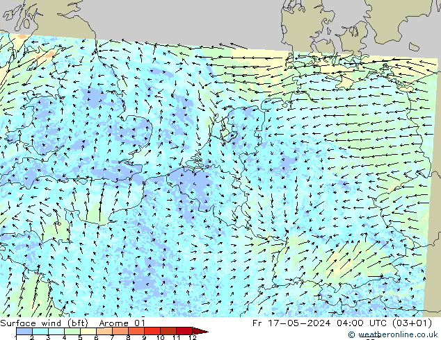 Surface wind (bft) Arome 01 Fr 17.05.2024 04 UTC