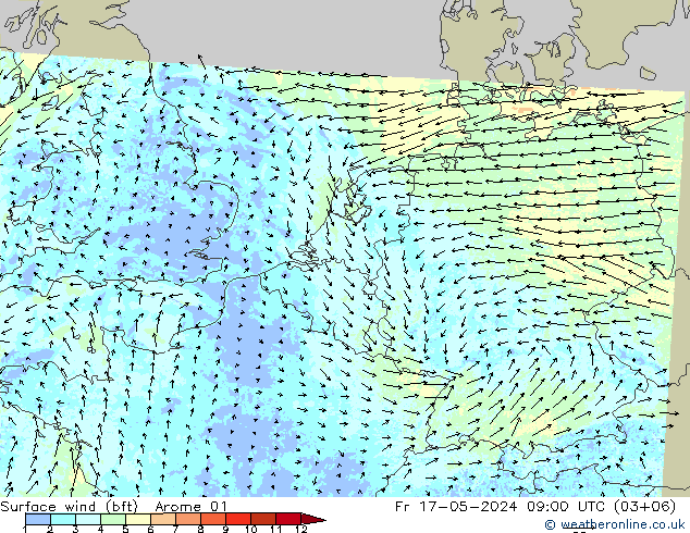 Surface wind (bft) Arome 01 Pá 17.05.2024 09 UTC