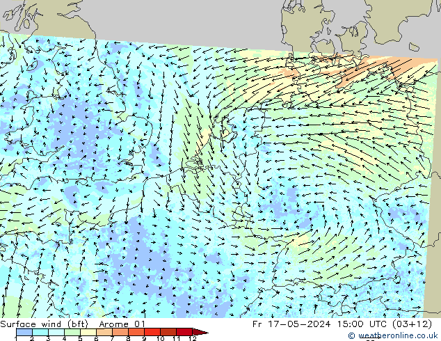 Surface wind (bft) Arome 01 Pá 17.05.2024 15 UTC