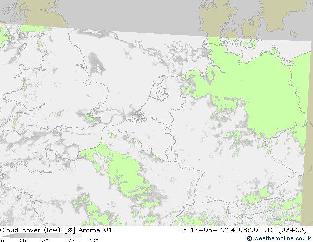 Cloud cover (low) Arome 01 Fr 17.05.2024 06 UTC