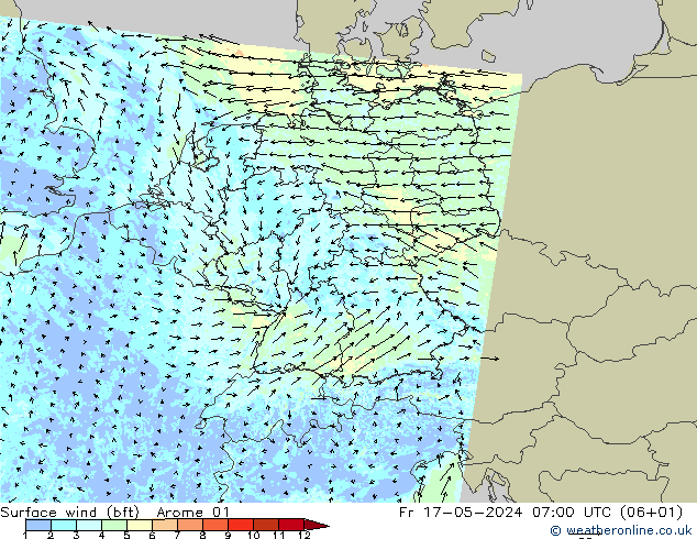 Wind 10 m (bft) Arome 01 vr 17.05.2024 07 UTC