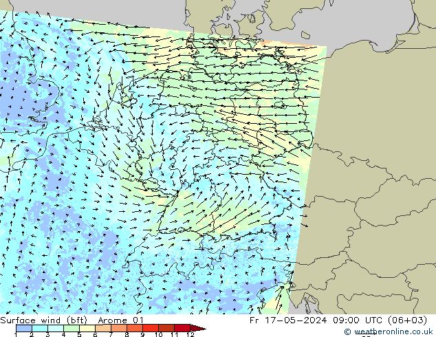 wiatr 10 m (bft) Arome 01 pt. 17.05.2024 09 UTC