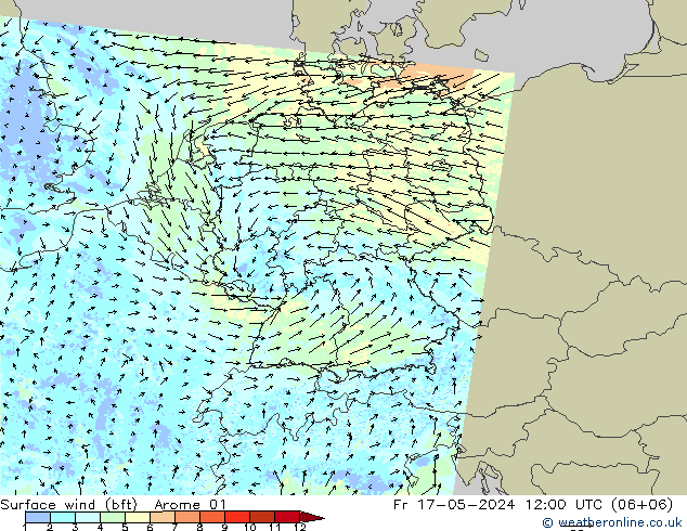 Wind 10 m (bft) Arome 01 vr 17.05.2024 12 UTC