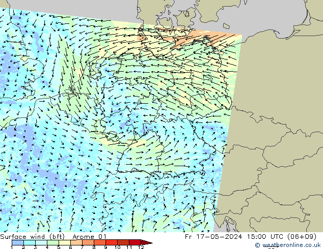 wiatr 10 m (bft) Arome 01 pt. 17.05.2024 15 UTC