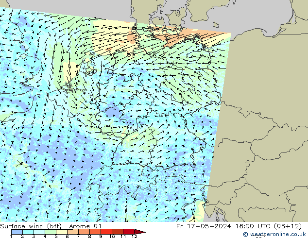 Surface wind (bft) Arome 01 Fr 17.05.2024 18 UTC