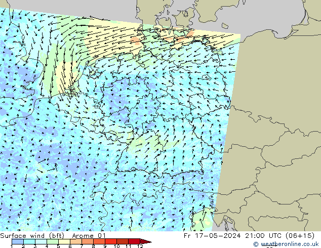 Rüzgar 10 m (bft) Arome 01 Cu 17.05.2024 21 UTC