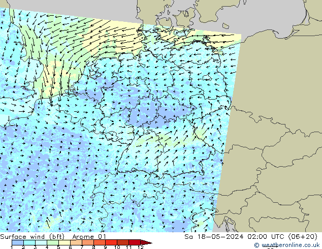 ве�Bе�@ 10 m (bft) Arome 01 сб 18.05.2024 02 UTC