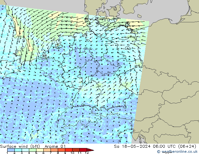 Wind 10 m (bft) Arome 01 za 18.05.2024 06 UTC