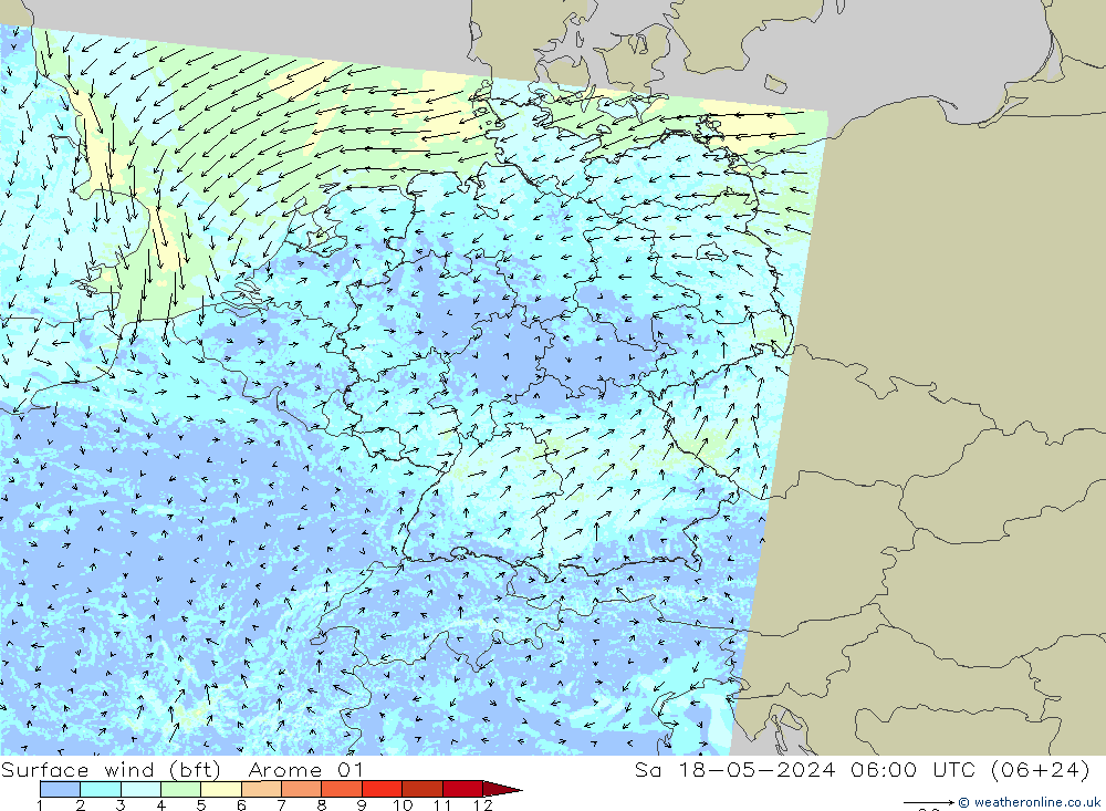 Surface wind (bft) Arome 01 Sa 18.05.2024 06 UTC