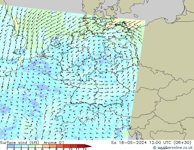 Wind 10 m (bft) Arome 01 za 18.05.2024 12 UTC