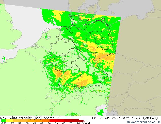 Max. wind snelheid Arome 01 vr 17.05.2024 07 UTC