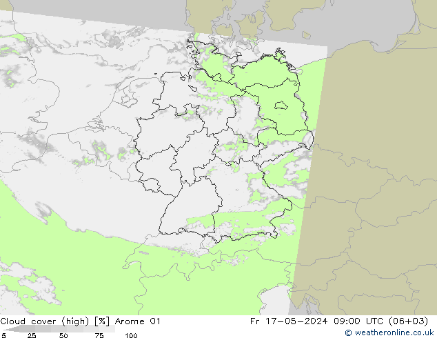 Nuages (élevé) Arome 01 ven 17.05.2024 09 UTC