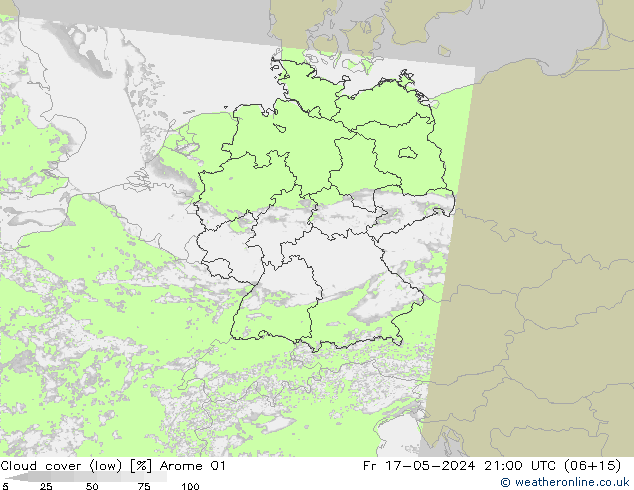 Cloud cover (low) Arome 01 Fr 17.05.2024 21 UTC