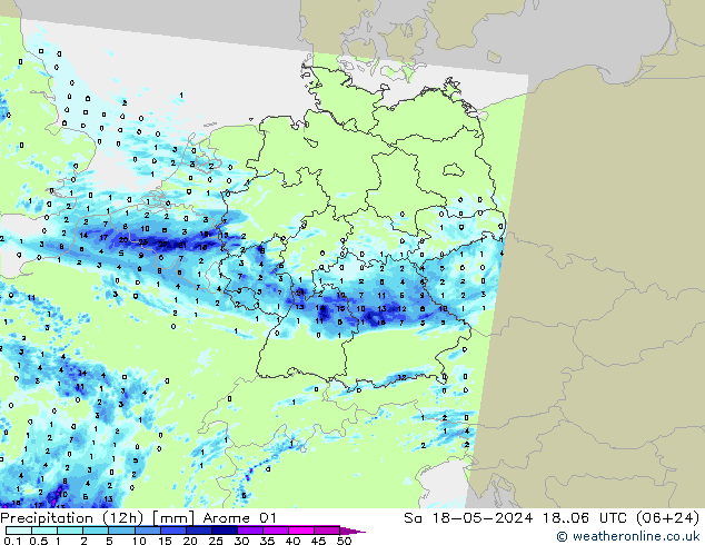 Precipitation (12h) Arome 01 Sa 18.05.2024 06 UTC