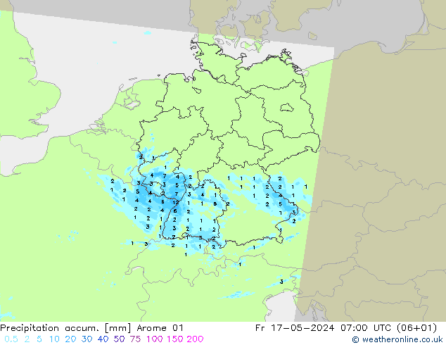 Precipitation accum. Arome 01 Fr 17.05.2024 07 UTC
