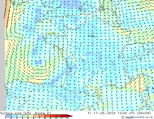Surface wind (bft) Arome 01 Fr 17.05.2024 12 UTC
