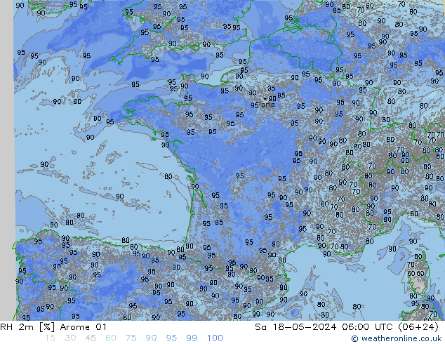 Humidité rel. 2m Arome 01 sam 18.05.2024 06 UTC