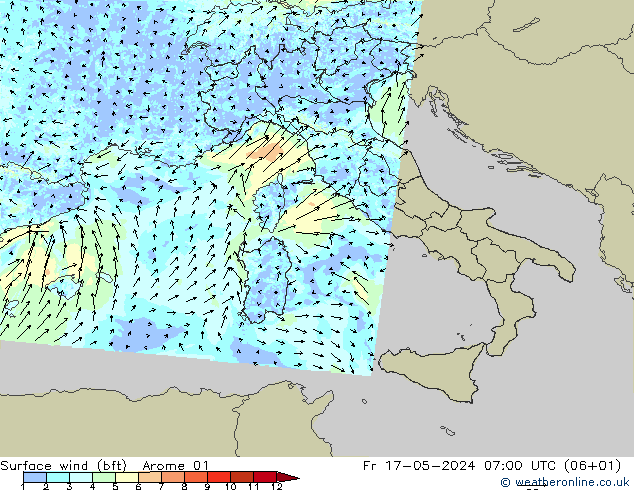 Surface wind (bft) Arome 01 Fr 17.05.2024 07 UTC