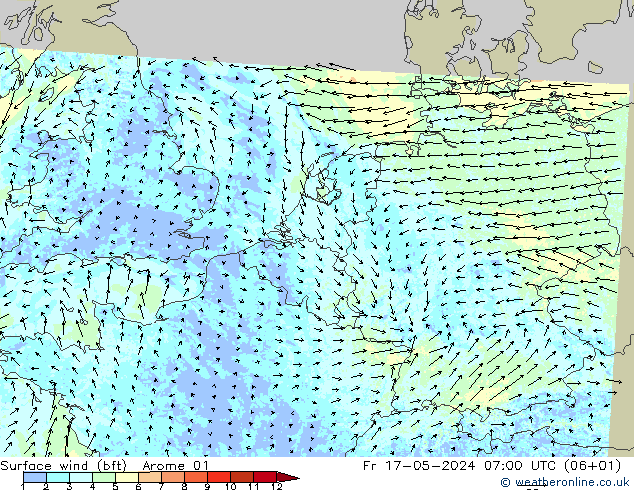 Bodenwind (bft) Arome 01 Fr 17.05.2024 07 UTC