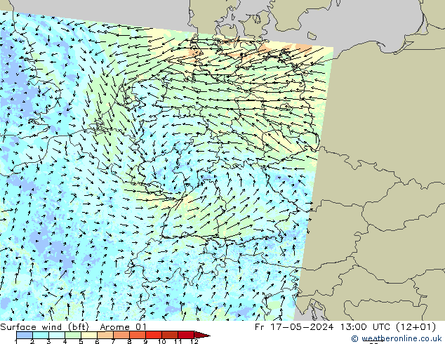 Wind 10 m (bft) Arome 01 vr 17.05.2024 13 UTC