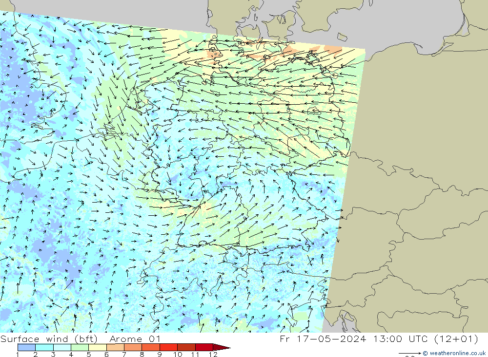 Bodenwind (bft) Arome 01 Fr 17.05.2024 13 UTC