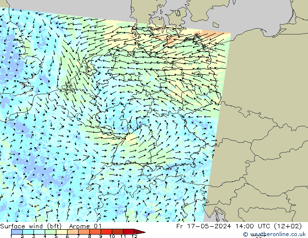 Bodenwind (bft) Arome 01 Fr 17.05.2024 14 UTC