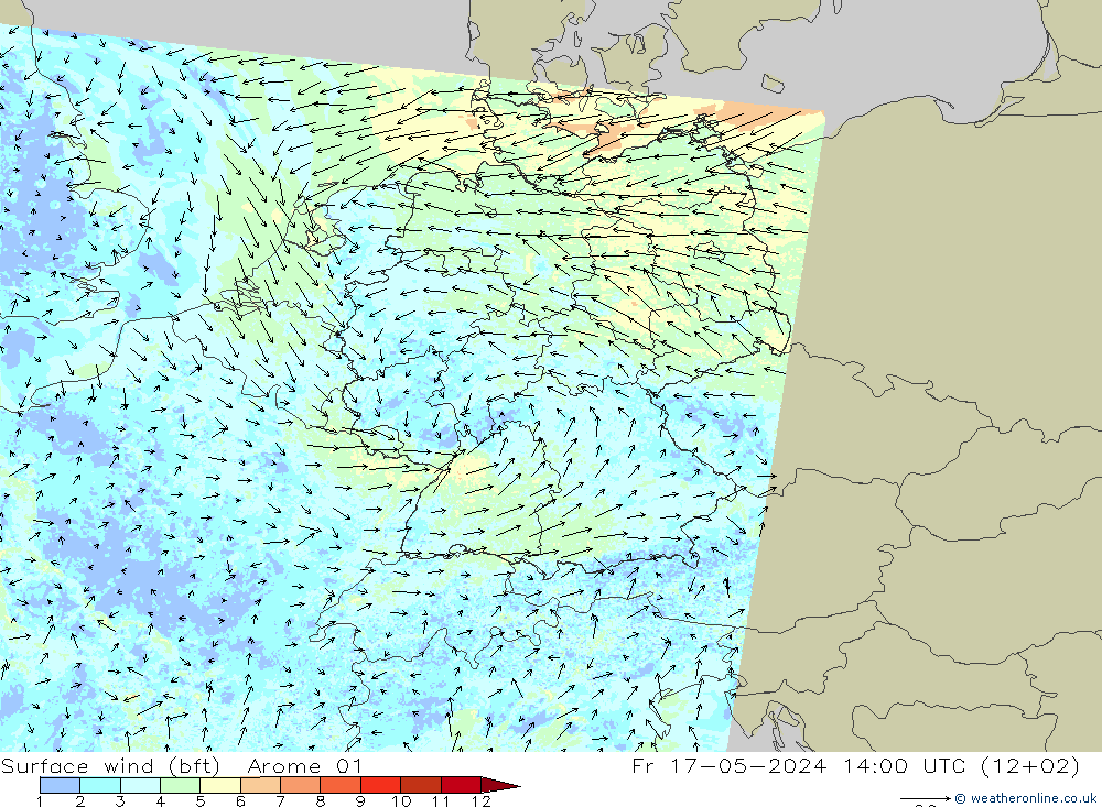 Surface wind (bft) Arome 01 Pá 17.05.2024 14 UTC