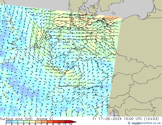 Viento 10 m (bft) Arome 01 vie 17.05.2024 15 UTC