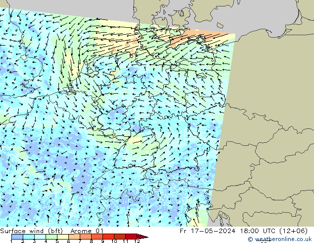 Wind 10 m (bft) Arome 01 vr 17.05.2024 18 UTC
