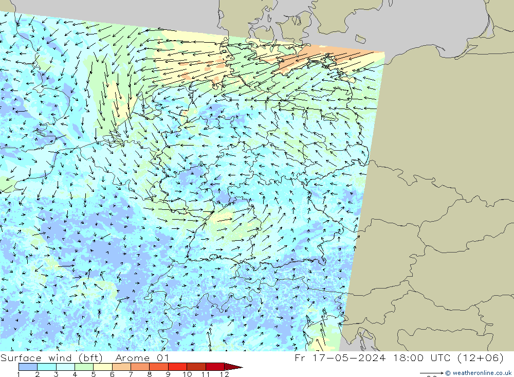 Bodenwind (bft) Arome 01 Fr 17.05.2024 18 UTC