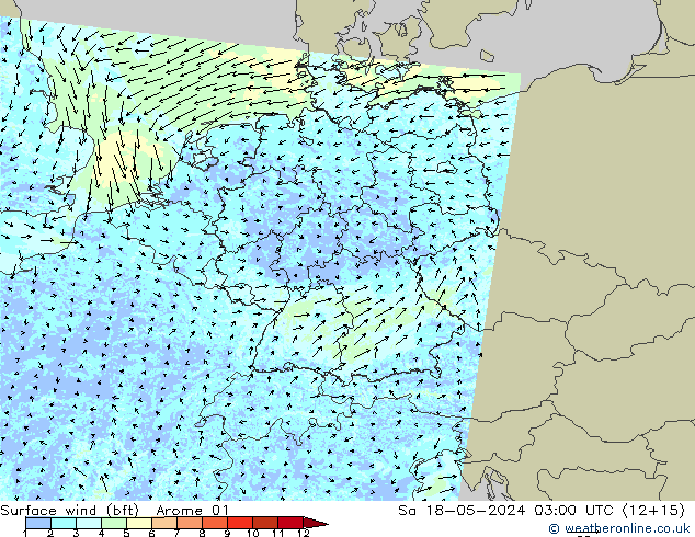 Surface wind (bft) Arome 01 Sa 18.05.2024 03 UTC