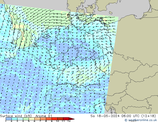 wiatr 10 m (bft) Arome 01 so. 18.05.2024 06 UTC